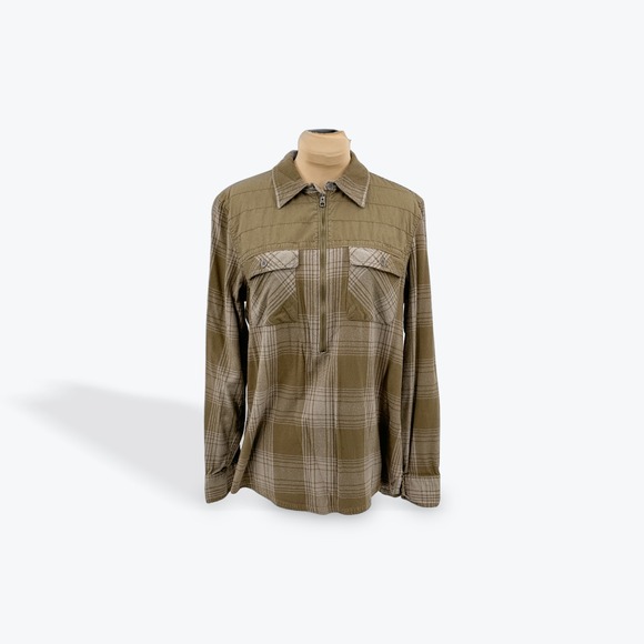 Ascend Olive Green Plaid Half Zip Up Shirt Long Sleeve Quilted Detail - Picture 1 of 11